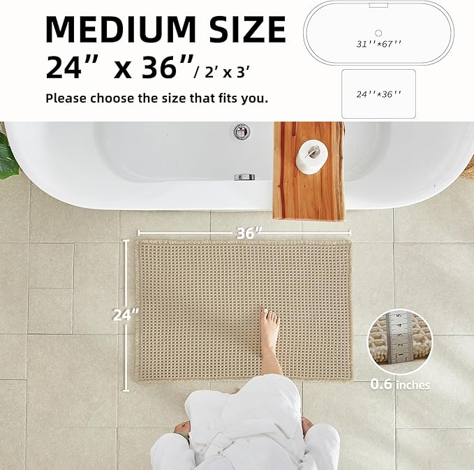 TYUU Pale Beige Bathroom Rug, Waffle Bath Mat Non Slip Washable Super Absorbent Quick Dry Boho Farmhouse Bathroom Decor, 36''x24'' Pale Beige
