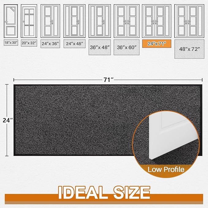 Mibao Front Door Mat Indoor Entrance, 72" x 24", Dirt Trapper Welcome Mat for Outdoor Indoor, Non-Slip Waterproof Doormat, Durable Machine Washable Low Profile Entry Rug for Back Door Outside,Grey