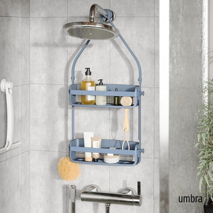 Umbra Flex Hanging Shower Caddy with 2 Shelves, Bathtub Shelf and Bathroom Organizer, Slate Blue