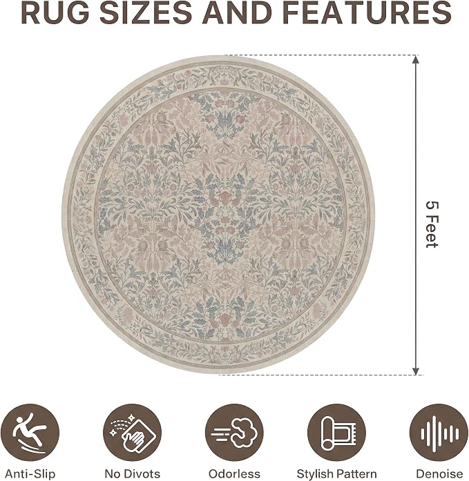 60"x60" Office Chair Mat for Hardwood Tile Floor, Under Desk Carpet Protector for Rolling Computer Chair Mat, Machine Washable Round Area Rug, Anti-Slip 1/5" Thick Low Pile Thin Floor Mat, Beige Pink
