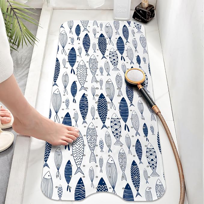 Fish Bathtub Mat Non Slip, Boho Baby Bath Mat for Tub Rubber Tub Mat, Cute Kids Bath Mats for Bathroom Ocean Anti Slip Shower Mat with Suction and Drain Holes Machine Washable, 40″X16″