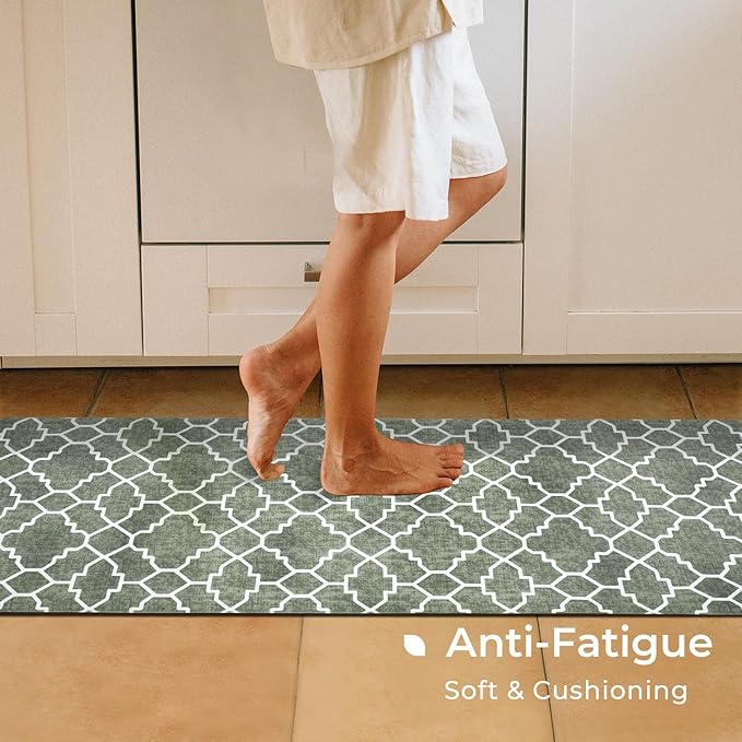 FRESHMINT Kitchen Mat Set of 2, Anti-Fatigue Cushioned Kitchen Mats for Floor, Waterproof Non Slip Comfort Standing Mat, Boho Kitchen Rug for Kitchen Decor, Sink, Office, 17"x30"+17"x47", Sage Green