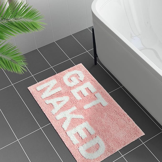Get Naked Bath Mat, Cute Bedroom Rugs, Funny Pink Living Room Mat for Apartment Decor, Soft & Absorbent Plush Non-Slip Bottom Multi-Purpose Door Mat Home Carpets 31.5" x 20"