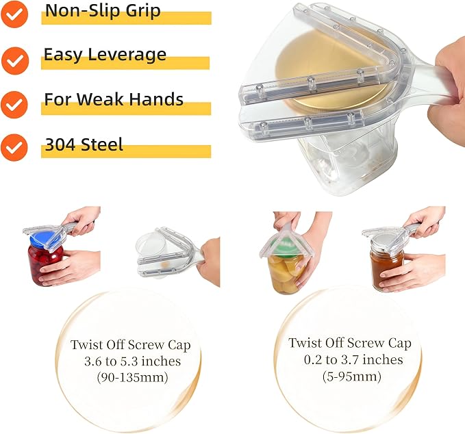 Jar Opener for Weak Hands & Seniors, Easy Lid & Bottle Opener with Long Non-Slip Handle, 304 Stainless Steel Teeth, Opens 0.2–5.3 in Lids
