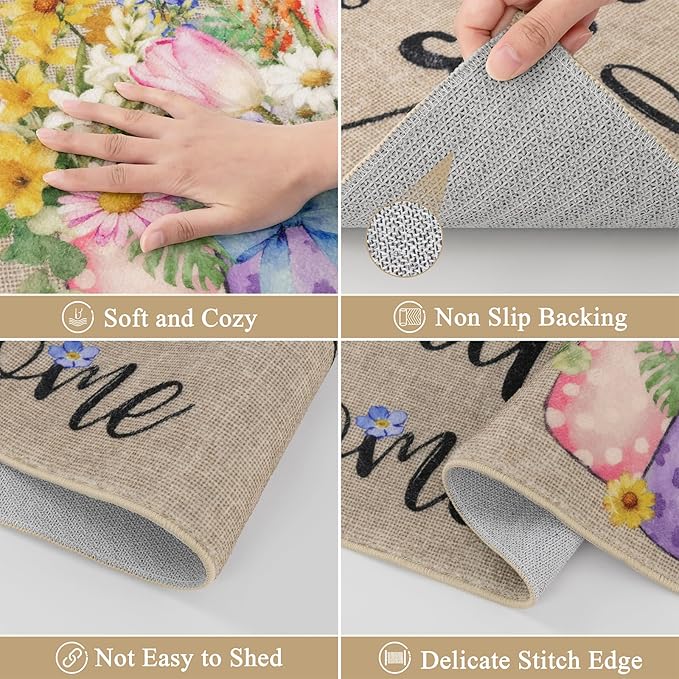 Vaukki Boho Kitchen Rug Sets 3 Pieces, Washable Kitchen Mats for Floor, Non Slip Soft Kitchen Area Rug Floor Mat for Kitchen, Laundry Room and Hallway (Spring Vase, 20''x32''+20''x47''+20''x59'')