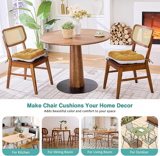 BETU Chair Cushions for Dining Chairs Set of 2,3.5" Thick Kitchen Table Chair Pads with Ties,Non Slip Backing and Covers, Seat Cushion for Dining Room,Bar,Patio Chairs,15.5"X15.5"X3.5",Yellow
