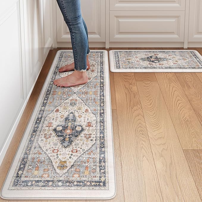 Collive Farmhouse Anti Fatigue Kitchen Mat, Cushioned Kitchen Rug Sets of 2 Waterproof Non Slip Kitchen Floor Mats Ergonomic Comfort Standing Mat for Laundry, Office, Sink, Desk, Blue/Multi