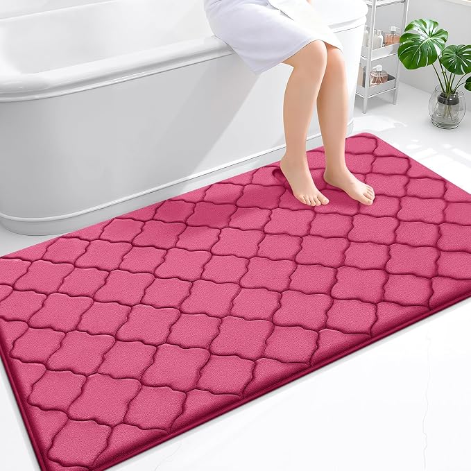 OLANLY Memory Foam Bath Mat Rug 59x34, Ultra Soft and Absorbent Bathroom Rugs, Non-Slip, Comfortable, Machine Washable Bath Carpet for Bathroom Floor, Tub, Shower and Home Decor Accessories, Deep Pink