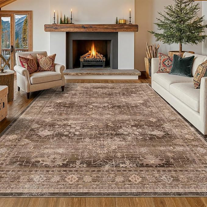 Hazo Haus Boho Taupe Brown 5x7 Living Room Rug - Modern Vintage Traditional Oriental Neutral, Washable Low Pile Non-Slip Large Area Rugs for Nursery Dining Under Table