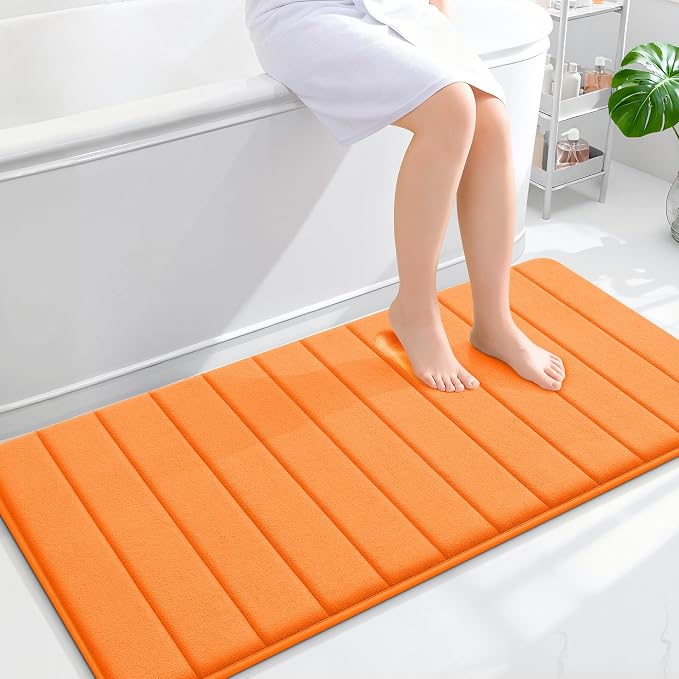 OLANLY Memory Foam Bath Mat 47x24, Super Soft Absorbent Bathroom Rugs, Quick Dry, Machine Washable Shower Floor Rugs, Bathmat Carpet, Bathroom Home Decor Accessories, Orange