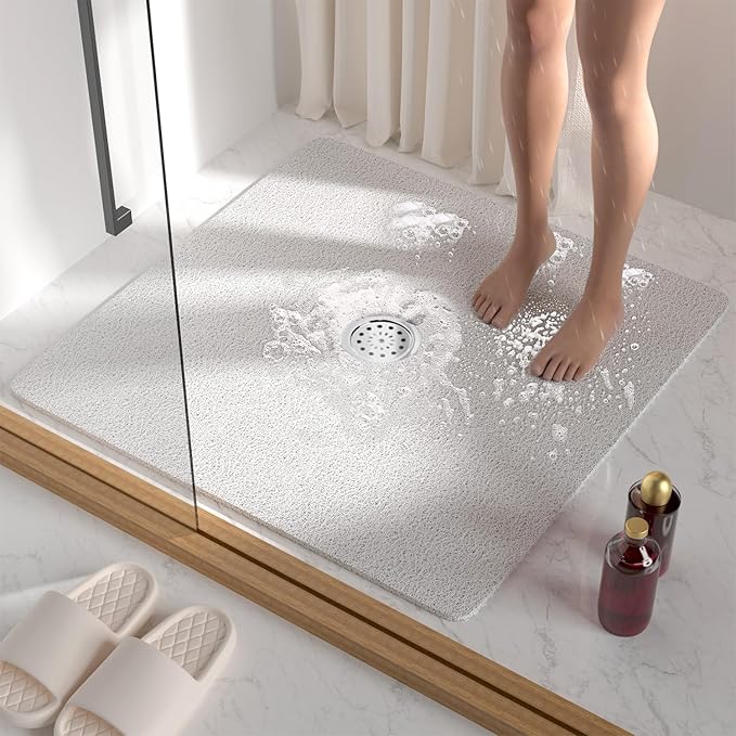 HITSLAM Square Shower Mat, 27 x 27 Inch Non Slip Bath Mat for Tub, Soft PVC Loofah Bathtub Mats with Drain Holes, Quick Drying Bathroom Stall Floor Mat, Bathroom Accessories Without Suction Cup, White