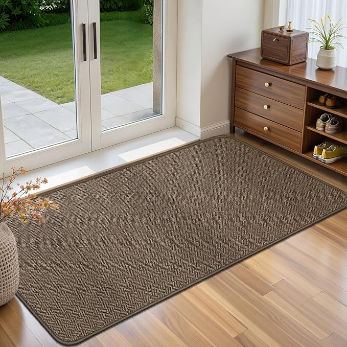 Ultra Thin Door Mat Indoor Entrance 24"x47", Low-Profile Indoor Door Mat, Non Slip Rubber Backing Welcome Entry Mat, Dirt Trapper Entryway Mat Inside Doormat, Brown