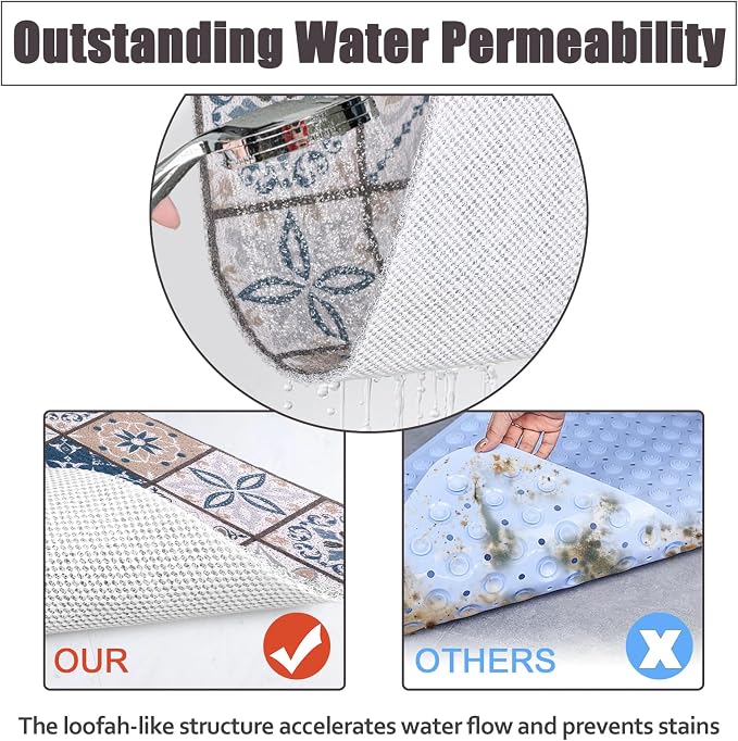 Shower Mat Non Slip Large Bath Tub Mat Non Slip 24''x32'' Loofah Bathroom Shower Mat for Inside Shower Soft Textured Foot Massage Pad Bathroom Floor Mat for Wet Area No Suction Cups Quick Dry