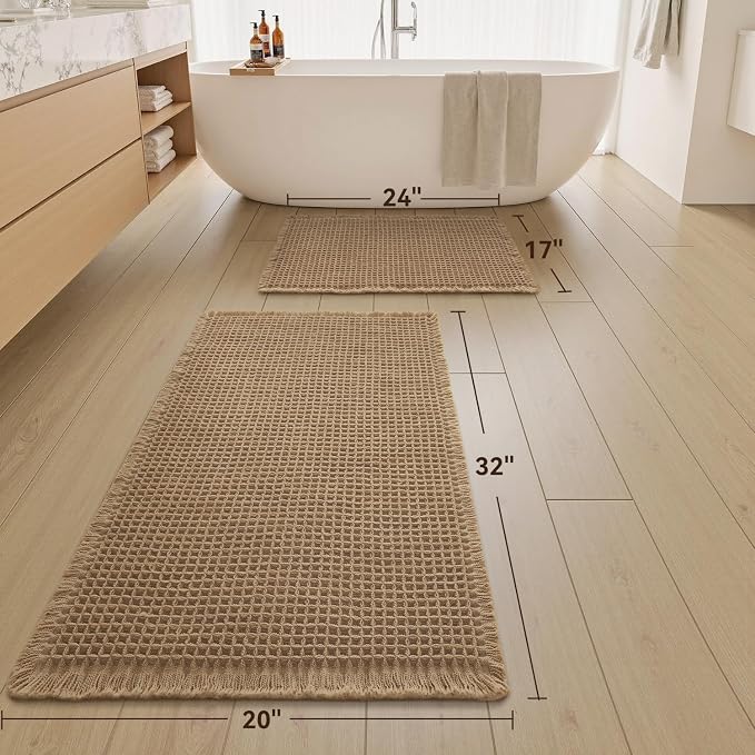 Upgraded Waffle Bath Mat Set of 2, Super Absorbent Non Slip Bath Mats for Bathroom Floor, Machine Washable Boho Bathroom Rugs Set 2 Piece with Tassels, Soft Bathroom Mat Set, 17" x 24" +20" x 32"