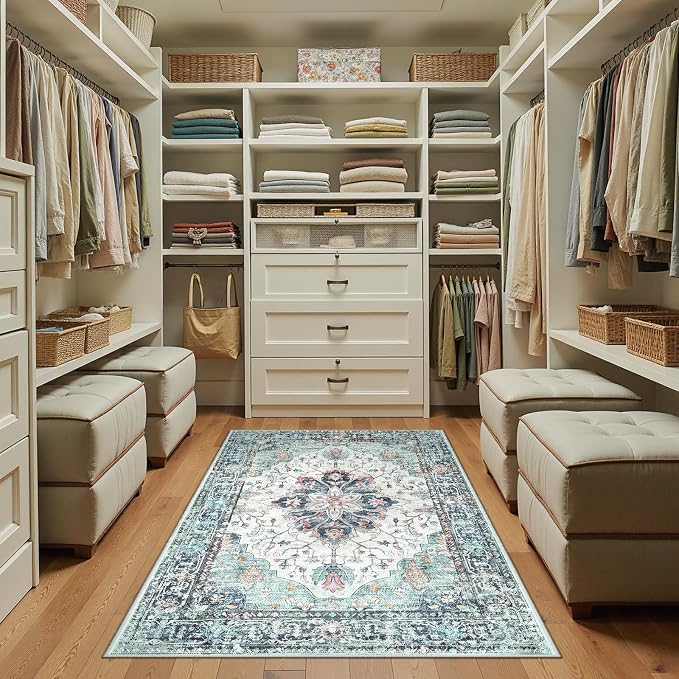 RELEANY Area Rugs 3'x5' Washable Non-Slip, Floral Vintage Distress Medallion Carpet for Living Room Bedroom Dining Room, Green Navy Blue White Red Teal
