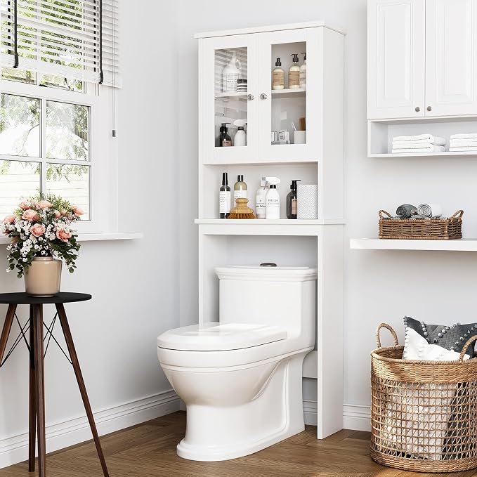 Over The Toilet Storage Cabinet for Bathroom, Storage Organizer Over Toilet, Space Saver with Tempered Glass Doors, White