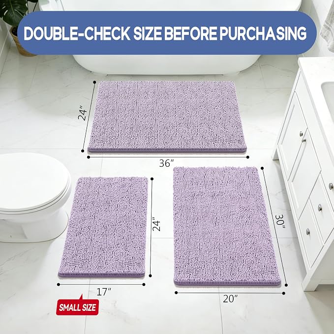 Bcoimo 36x24 Chenille Bath Mat – Non-Slip with Backing Bath Rug Ultra-Absorbent and Machine Washable Bathroom Mat Quick-Dry Design. Ideal for Bathroom Shower and Tub Areas