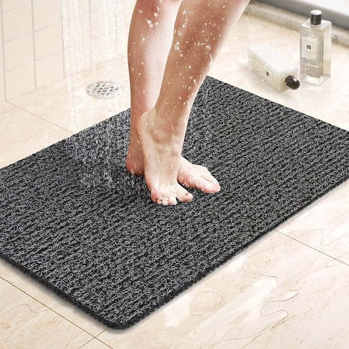 LuxStep Shower Mat Bathtub Mat,24x16 inch, Non-Slip Bath Mat with Drain, Quick Drying PVC Loofah Bathmat for Tub,Shower,Bathroom (Phthalate Free,Black)