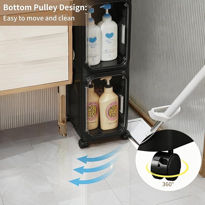 LXLXXL Narrow Storage Cabinet Slim Bathroom Storage Cabinet with Movable Wheels Tall Bathroom Organizer Skinny Cabinet for Small Spaces，2-Tier Black