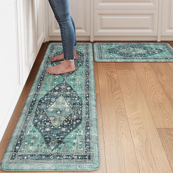 Collive Farmhouse Anti Fatigue Kitchen Mat, Cushioned Kitchen Rug Sets of 2 Waterproof Non Slip Kitchen Floor Mats Ergonomic Comfort Standing Mat for Laundry, Office, Sink, Desk, Teal/Multi
