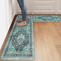 Collive Farmhouse Anti Fatigue Kitchen Mat, Cushioned Kitchen Rug Sets of 2 Waterproof Non Slip Kitchen Floor Mats Ergonomic Comfort Standing Mat for Laundry, Office, Sink, Desk, Teal/Multi