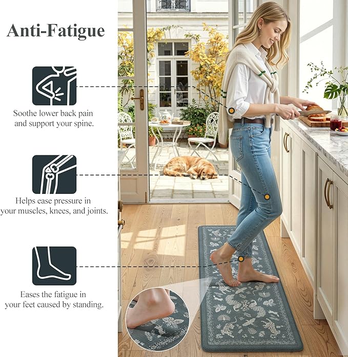 LEEVAN Anti Fatigue Mats for Kitchen Floor Non-Slip, Cushioned Kitchen Mats for Floor 2 Piece, Blue Memory Foam Kitchen Mat Set, Waterproof Ergonomic Standing Mat for Bar, Office,Desk, Laundry