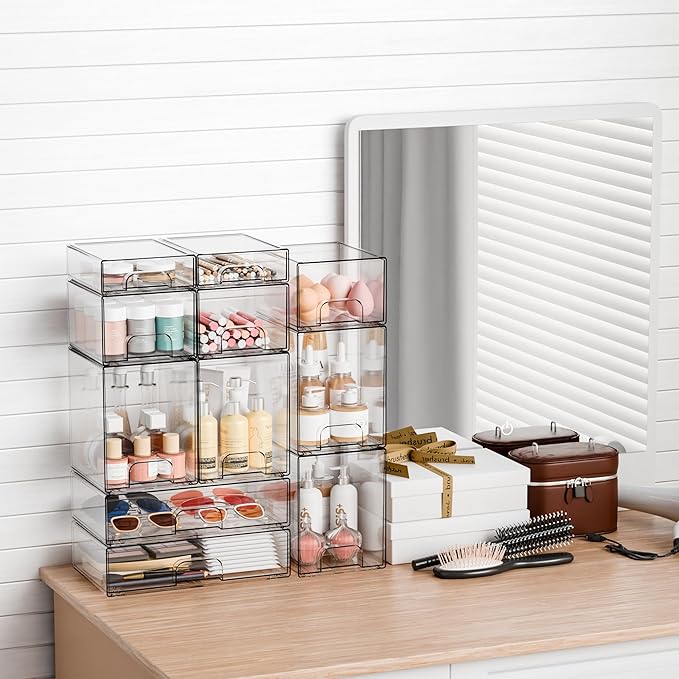 Yieach 6 Pack Small Stackable Storage Drawers,4.4 Inch Tall Stacking Acrylic Clear Storage Bins for Bathroom Vanity,Undersink,Pull Out Drawer Organizers for Beauty,Makeup,Medicine Cabinet Organizers