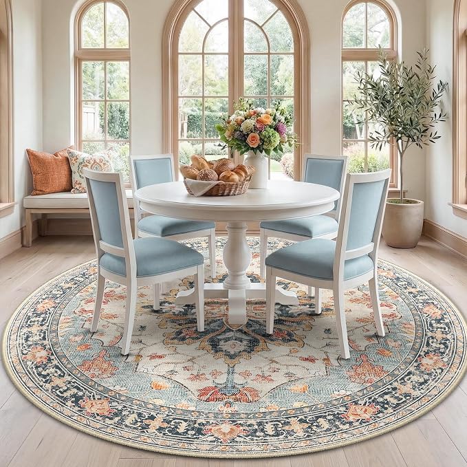 RELEANY Area Rugs Round 7ft Washable Non-Slip, Floral Vintage Distress Medallion Carpet for Living Room Bedroom Dining Room, Beige Navy Blue Orange Colorful