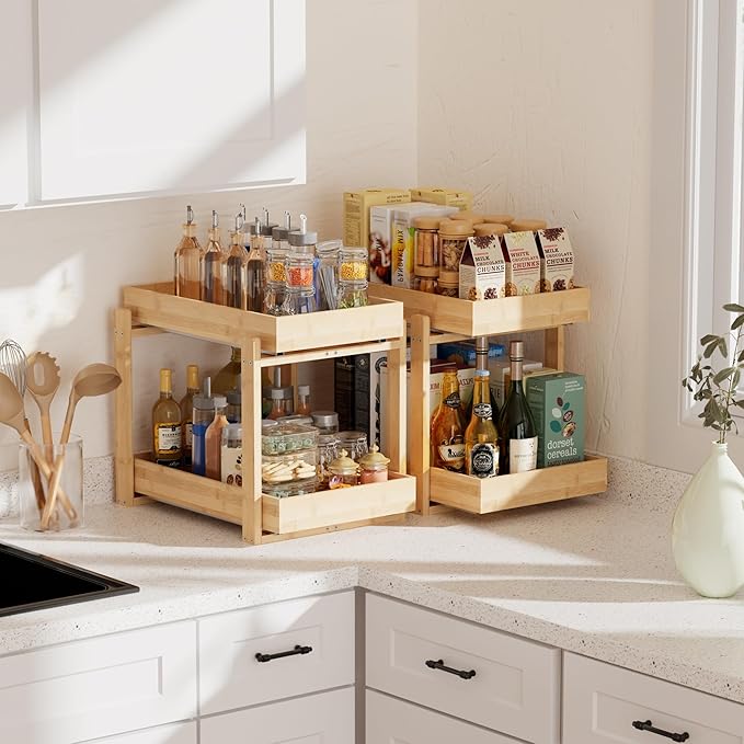 APRTAT 2 Pack Under Sink Organizer, Bamboo Wooden 2-Tier Pull-Out Storage with Sliding Drawers for Kitchen and Bathroom Cabinets, Easy Installation (Natural, 2 Packs)