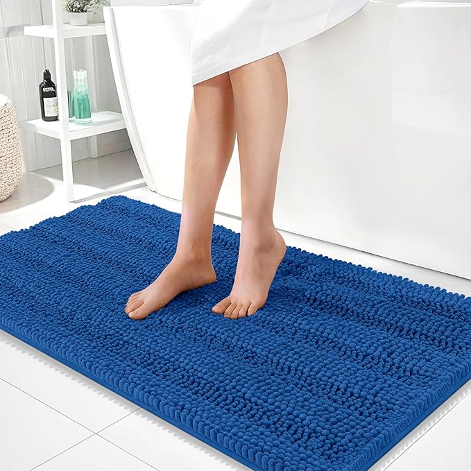 OLANLY Thick Bathroom Runner Rugs 44x24, Extra Absorbent Chenille Striped Bath Rugs, Rubber Backing, Machine Wash, Long Bath Mats for Bathroom, Tub and Shower, Home Decor Accessories, Deep Navy Blue