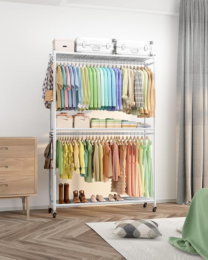 Sakugi Clothes Rack - 45.2" x 12.2" x 79.5" Clothing Rack with Shelves & Wheels, Multi-Functional Wardrobe Closet with Hooks, Sturdy Metal Garment Rack for Bedroom, Laundry, Balcony (White)