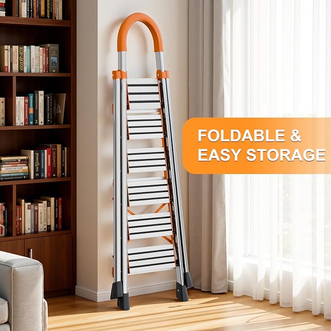 6 Step Folding Ladder, Step Stool with Wide Anti-Slip Pedal, Sturdy Steel Ladder, Convenient Handrail, Lightweight, Portable for Home, Kitchen, Garage