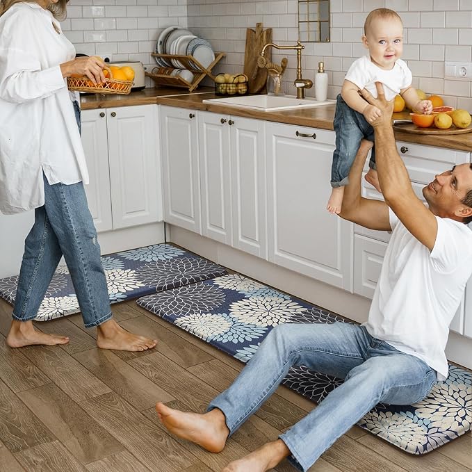Anti Fatigue Kitchen Mats 2PCS,Boho Dahlia Kitchen Rugs Non Slip Rubber Backing,Farmhouse Waterproof Kitchen Mat for Floor,Cushioned Standing Mat for Kitchen,Sink,Desk,Mutil-Blue
