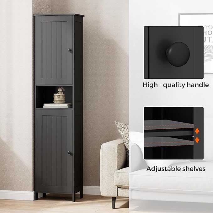 Homleke Tall Bathroom Storage Cabinet with 2 Doors, 67"H Narrow Storage Cabinet with Adjustable Shelves& Anti-Tip Design, Reversible Door Installation, Easy Assembly, 11.8 x 15.7 x 66.9 Inches, Black