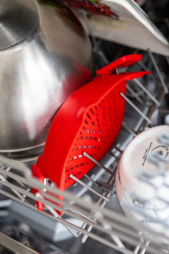 Arlig Clip On Pasta Strainer Silicone Universal Fit for all Pots and Bowls Snap On Drainer for Meat, Vegetables, Fruit Colander for Kitchen Easily Drain Food Space Saving