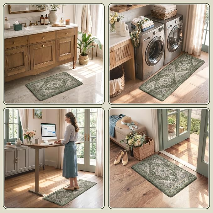 KIMODE Anti Fatigue Mats for Kitchen Floor, Green Distressed Kitchen Rugs Sets of 2, Spring Memory Foam Kitchen Mats for Floor, Waterproof Standing Mats for Sink Laundry Office Desk 17"x47"+17"x29"