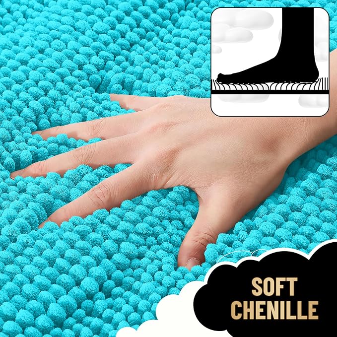 OLANLY Thick Small Bathroom Rugs 24x16, Extra Soft Absorbent Chenille Striped Bath Rugs, Rubber Backing, Machine Wash, Bath Mats for Bathroom Floor, Tub and Shower, Home Decor Accessories, Aqua Sky