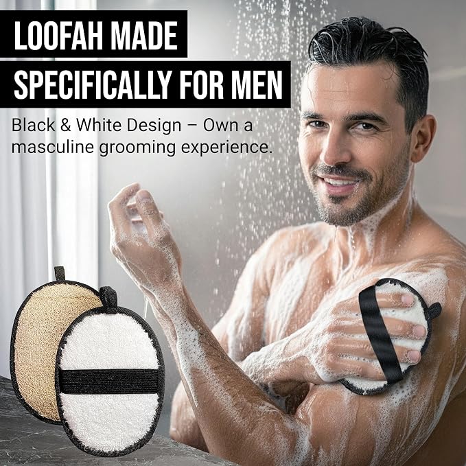 SERRENTO Loofah Body Scrubber Back Scrubber - Egyptian Luffa Shower Sponge for Men, Bath Sponge Exfoliator, Body Wash Scrub Tool, Loofa Louffa Bath Accessories, 2PCS Black & White Set
