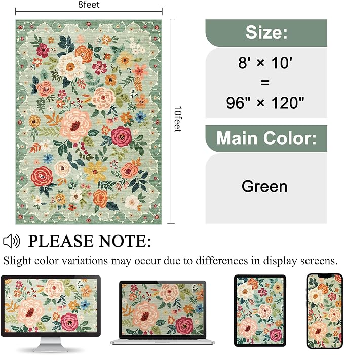 DUKINO 8x10 Area Rug, Floral Rugs for Living Room, Lightweight Non Slip Washable Rug, Indoor Low Pile & Non-Shedding Boho Design Rugs for Bedroom, Living Room, Dining Room, Green