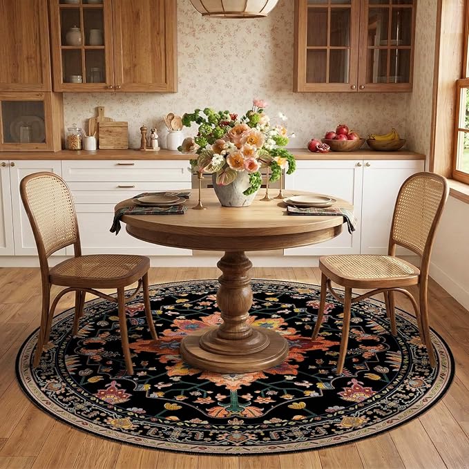 RELEANY Area Rugs Round 6ft Washable Non-Slip, Floral Vintage Distress Medallion Carpet for Living Room Bedroom Dining Room, Black Colorful Floral Dark Tan