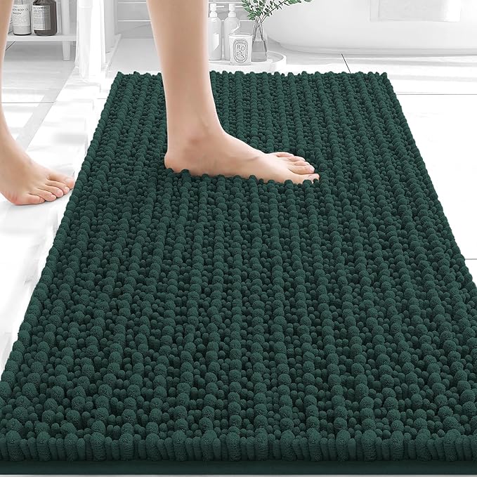 OLANLY Bathroom Rug Mat 34x21, Thick Soft and Absorbent Chenille Bath Mat, Non-Slip Rubber Backing, Machine Washable Quick Dry Bath Rugs for Tub Shower Floor, Home Decor Accessories, Blackish Green