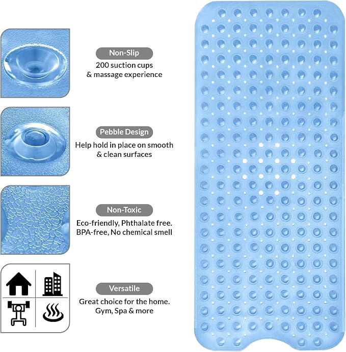LUX Décor Non-Slip Bathtub Mat, Extra Large 40x16 Inches – Anti-Slip Safety Shower Mat with Suction Cups & Drain Holes – Machine Washable Bath Mat – Clear Blue