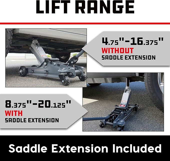 Powerbuilt Biggie Smalls 2.5-Ton Off-Road Trolley Jack with 4" Oversized Wheels, Saddle Extension, Integrated Handle Storage, Portable Design for SUVs, Trucks, and Off-Road Vehicles 620683ECE