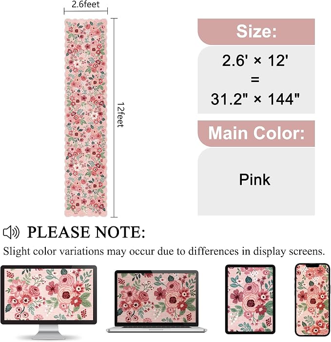 DUKINO Washable 2.6x12 Runner Rug for Hallway, Non Slip Floral Washable Kitchen Rug with Low Pile Design, Boho Stain Resistant Floor Carpet Runner for Entryway, Bathroom, Laundry, Bedroom, Pink