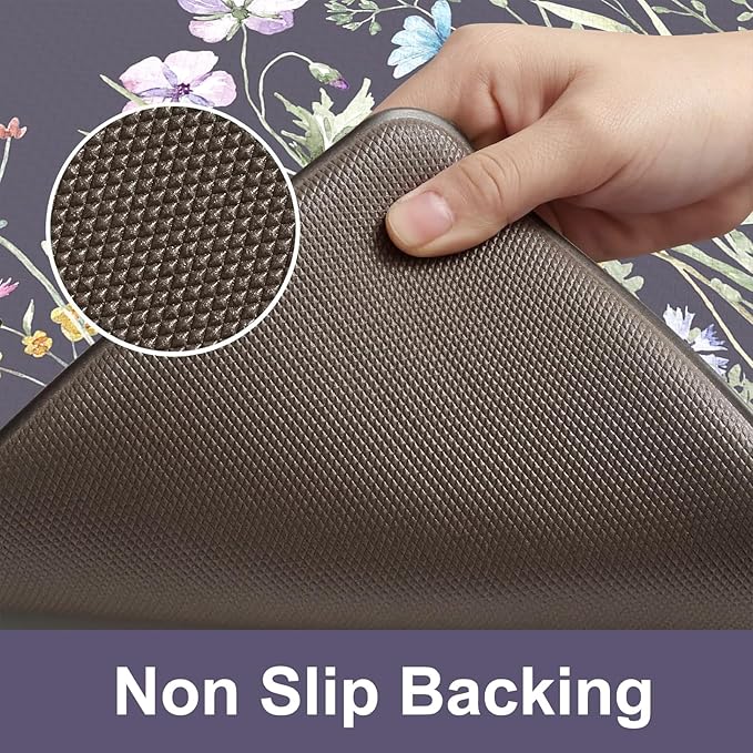 KIMODE Anti Fatigue Kitchen Mat for Floor, 17.3"x29" Farmhouse Kitchen Rug Non Skid, Cushioned Padded Kitchen Floor Mat, Comfort Standing Mat for Laundry, Office, Sink, Desk Dark Grey/Purple