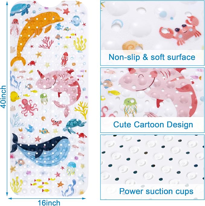 Topotdor Baby Bath Mat for Tub for Kids, 40 X 16 Inch Extra Long Toddler Bathtub Mat Non Slip, Machine Washable Bathroom Shower Floor Mat with Suction Cups & Drain Holes, Sea Animal