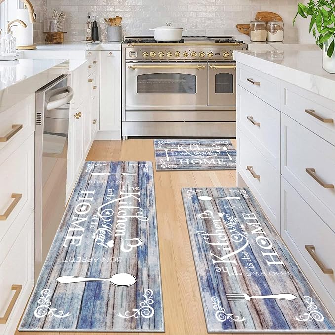 Vaukki Boho Kitchen Rug Sets 3 Pieces, Washable Kitchen Mats for Floor, Non Slip Soft Kitchen Area Rug Floor Mat for Kitchen, Laundry Room and Hallway (Blue and Brown, 20''x32''+20''x47''+20''x59'')