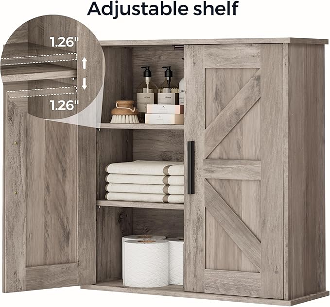 Homleke Bathroom Wall Cabinet, Over Toilet Storage Cabinet with Barn Doors and Adjustable Shelves, 3-Tier Medicine Cabinet Wall Mounted, for Bathroom, Kitchen, Entryway, Laundry Room, Greige, (7.9" D)