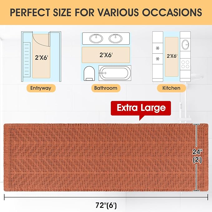 IM HOME Extra Large Waffle Bath Mat, Boho Bathroom Rugs Absorbent Non Slip, Ultra Soft Bathroom Mat, Machine Washable Knit Bath Rugs with Herringbones for Bathroom,Bedroom,Shower,6'x2', Burnt Orange