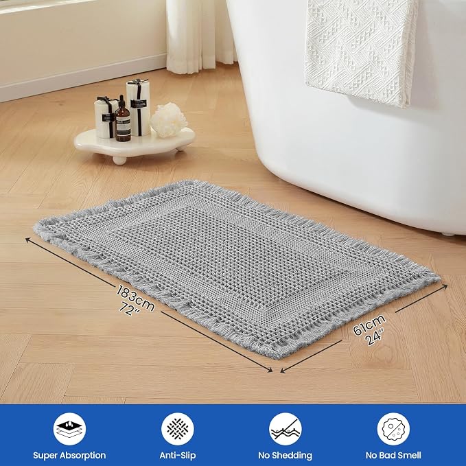 Waffle Bath Mat - Non Slip Bathroom Rugs - Washable Super Absorbent & Quick Dry Bath Mats with Tassels for Hallway Bedroom Laundry Room,24" x 72",Light Gray